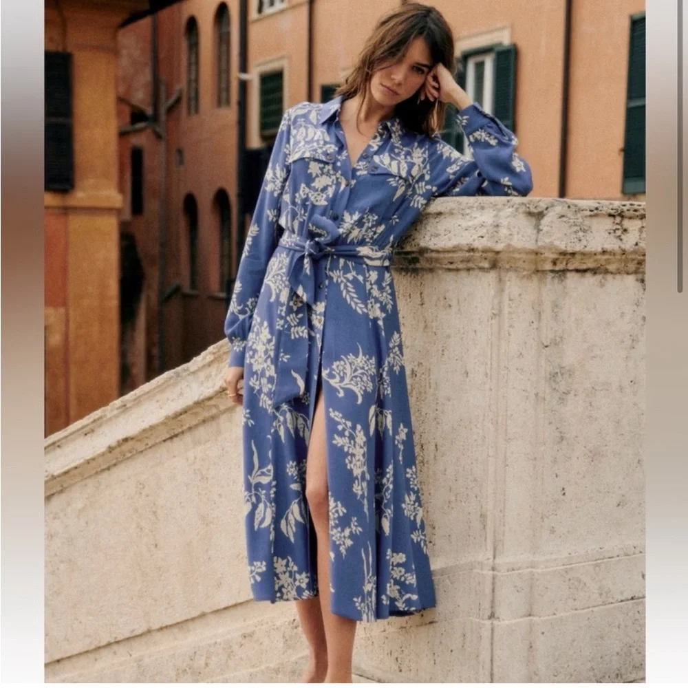 NWT Sezane Lauretta dress in blue ecru - Picture 2 of 7